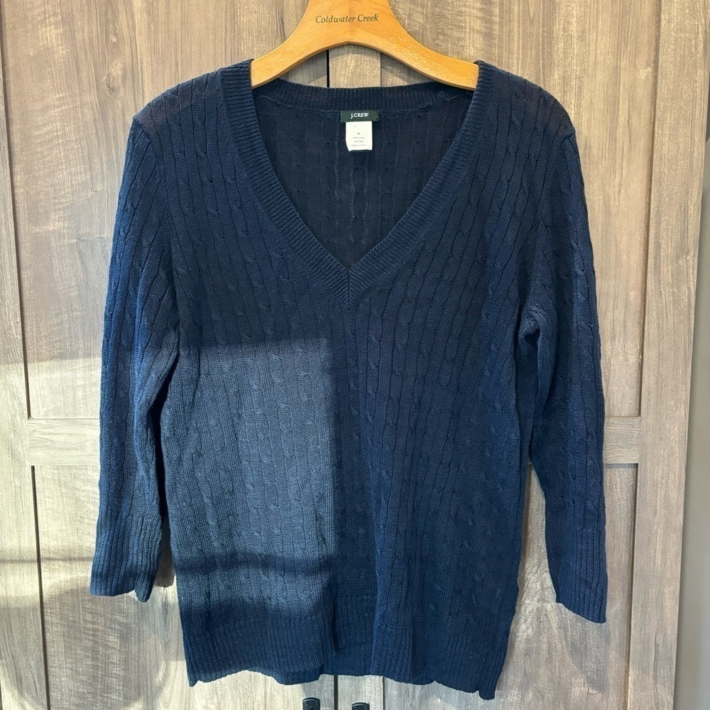 J Crew Medium‎ linen V Neck Sweater navy blue cable knit